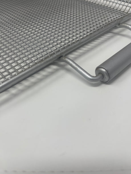 Heavy-duty steel wire tray with handles, ideal for grilling or deep-frying. The tray features a sturdy metal grid and convenient roller handles for easy transfer.