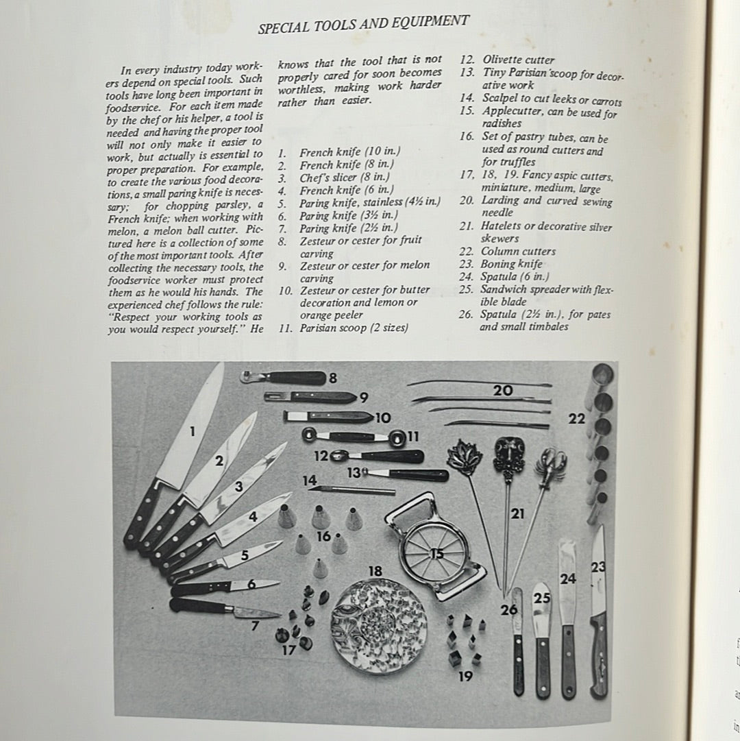 The Professional's Art of Garde Manger book showcasing knife techniques and tools, highlighting cold food preparation and display with detailed instructional photographs.