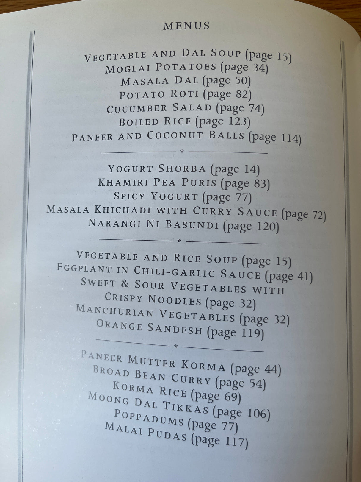 Indian Vegetarian Cookbook by Tarla Dalal, featuring a menu-style layout with clear text, detailing step-by-step instructions and recipes for vegetarian Indian dishes.