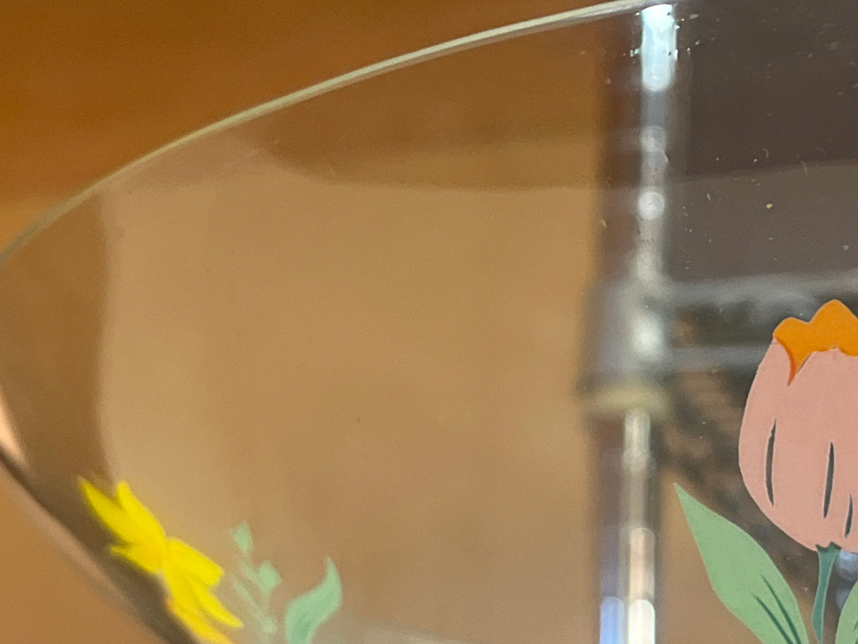 RARE vintage clear glass serving piece featuring painted flowers, including tulip and daisy, from Heinrich Co.'s Primavera line, showcasing mid-century elegance.
