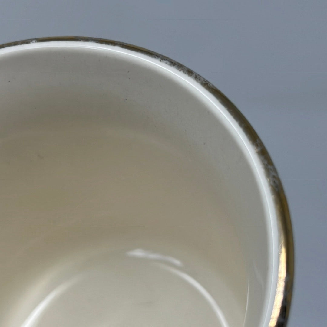 Close-up of University of Pittsburgh School of Pharmacy mug with gold rim. One side features School of Pharmacy in blue, the other the university crest.