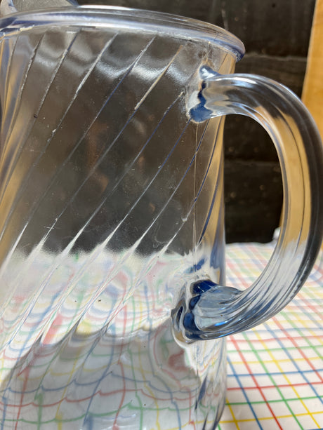 Blue swirl pitcher - clear glass - vintage Indiana Glass Company