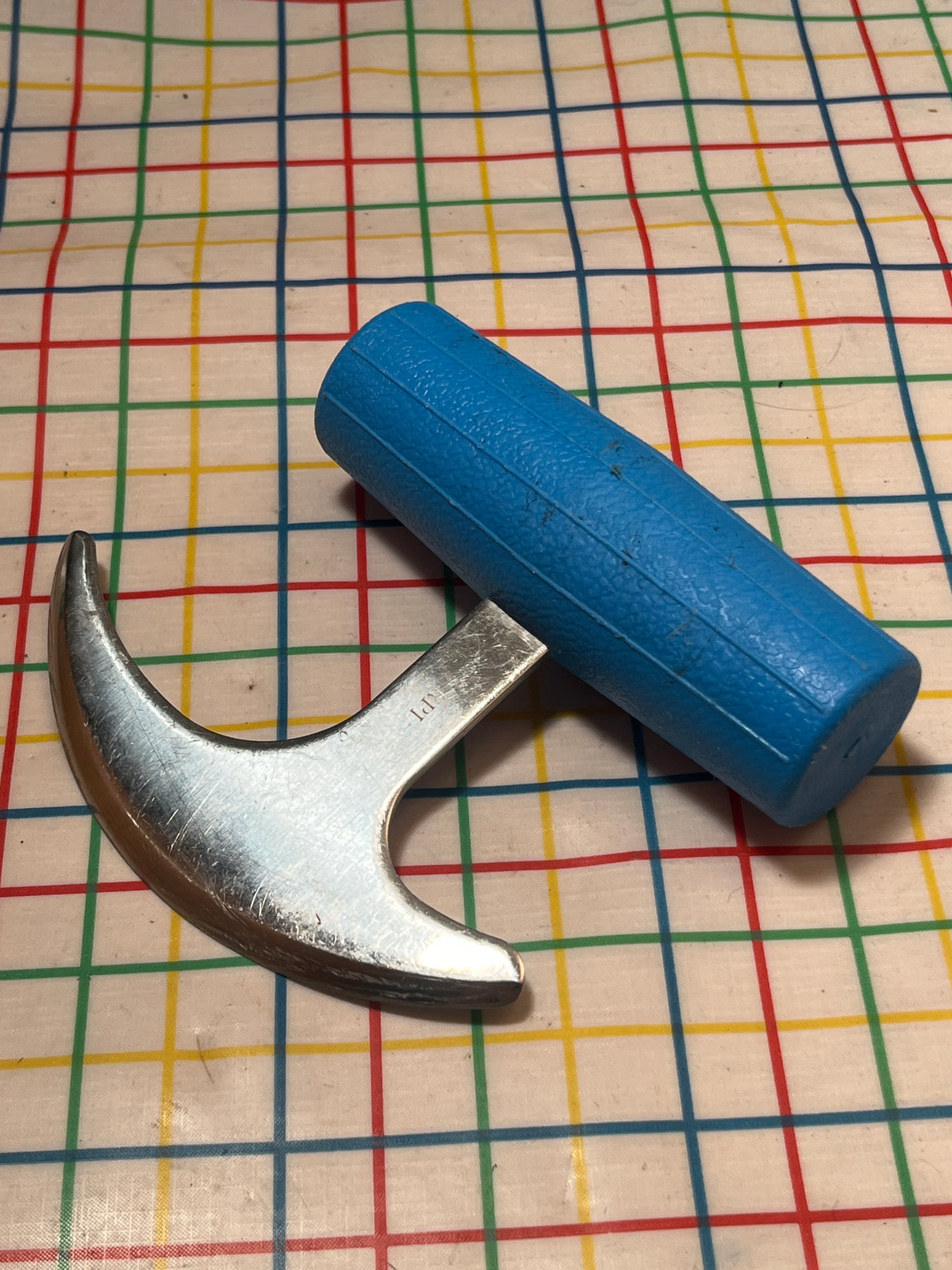 Long T-Grip rocker knife - stainless steel blade with blue plastic handle