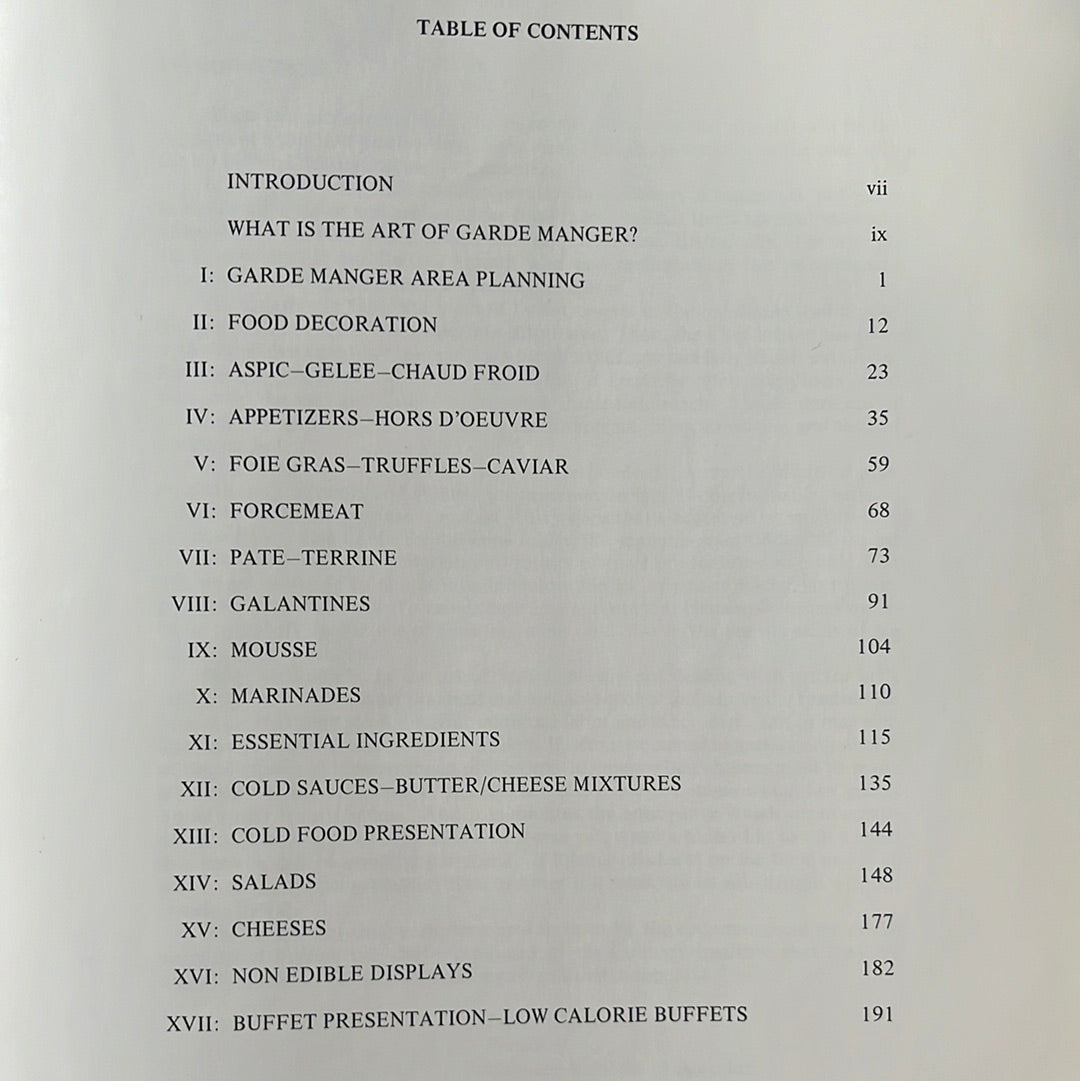 The Professional's Art of Garde Manger book features a list of food items and techniques for cold food preparation, ideal for modern foodservice operations.