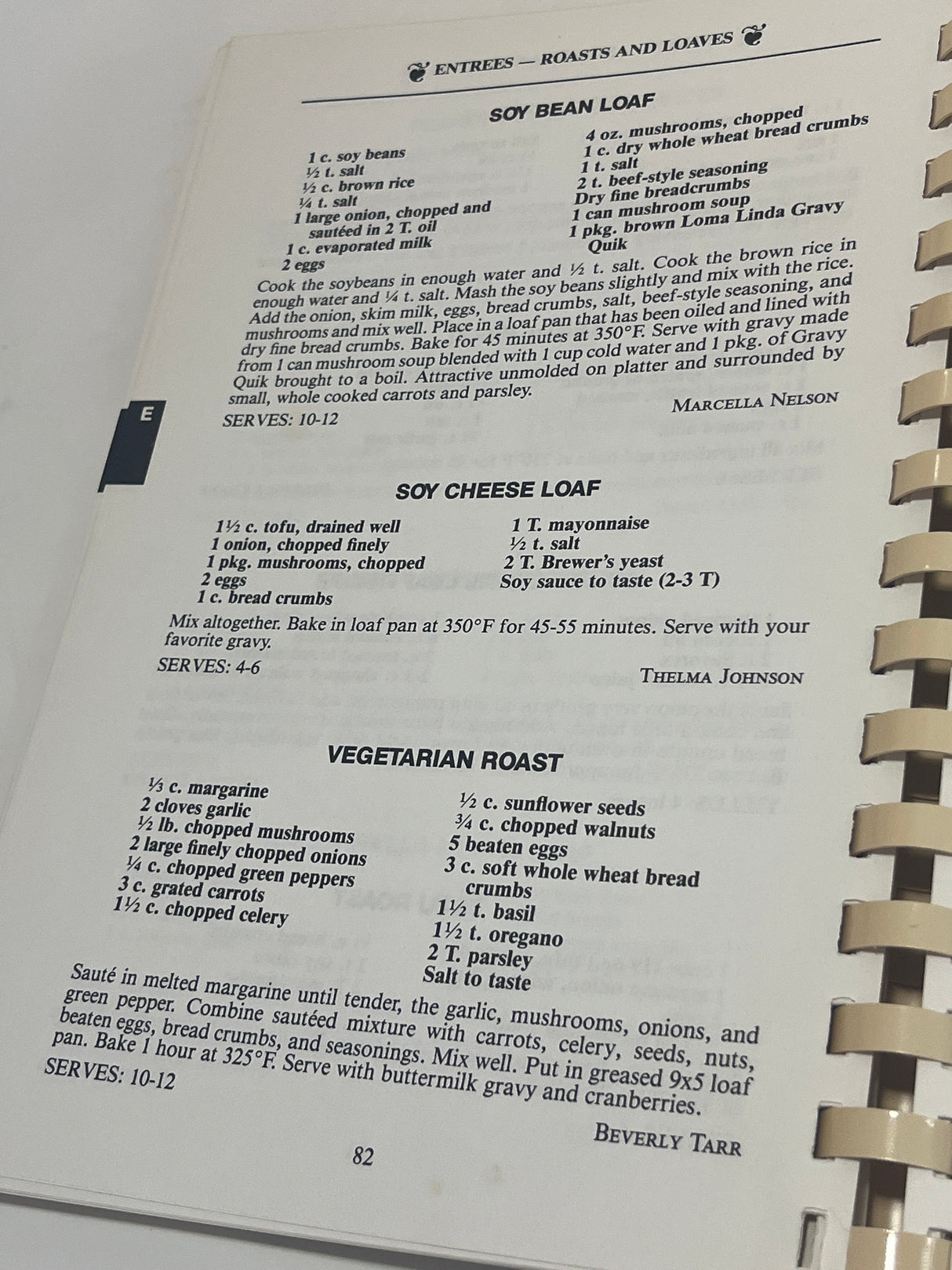 Page 82 of An Apple a Day: Vegetarian Cookery by Doctors' Wives featuring three entrée recipes: Soy Bean Loaf, Soy Cheese Loaf, and Vegetarian Roast.