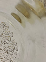 1930s Federal Glass Amber Sharon / Cabbage Rose fruit bowl showcasing intricate embossed floral details and a light yellow tint, highlighting its vintage allure and pristine condition.