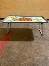 Vintage Metal Lap Serving Tray Game by Pressman Toy Co., featuring classic board-game layouts. Foldable with aged charm, shows minor rust on legs.