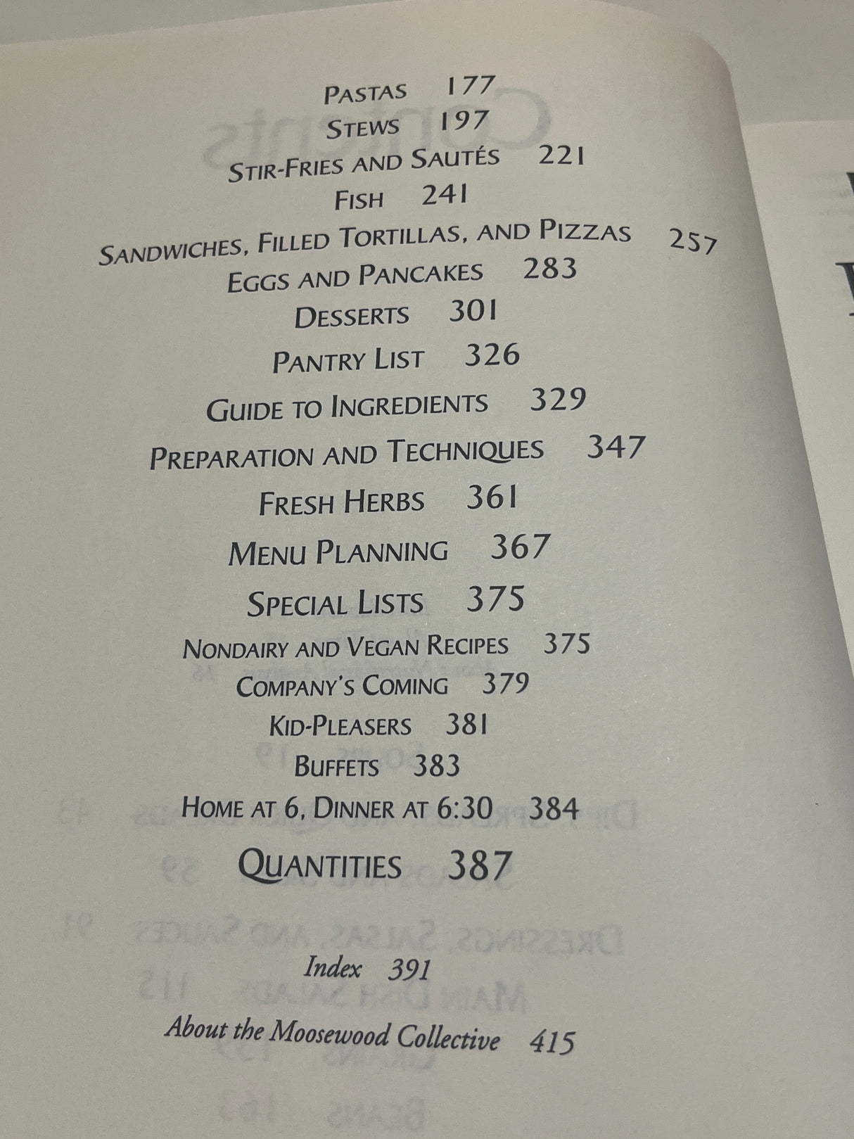 Table of contents from Moosewood Restaurant Cooks at Home, featuring sections like Pastas, Stews, and Desserts, plus special lists and reference guides for quick, easy recipes.