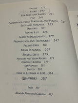 Table of contents from Moosewood Restaurant Cooks at Home, featuring sections like Pastas, Stews, and Desserts, plus special lists and reference guides for quick, easy recipes.