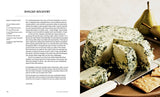 The Vegan Creamery cookbook spread with Rancho Rockfort recipe, showing ingredients and finished plant-based blue cheese wheel with mold veins, crackers, and pears.