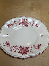 Porcelain soup tureen set with lid, underplate, and ladle, featuring hand-painted red roses, displayed on a wooden surface. Made in Italy, great condition.