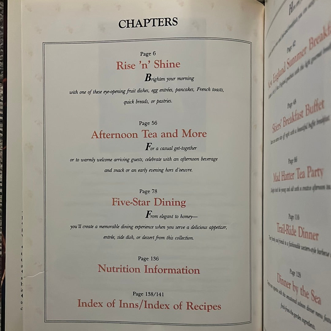 Better Homes and Gardens Recipes from Country Inns & Bed and Breakfasts book featuring text and menu imagery, highlighting recipes and inviting inn descriptions.