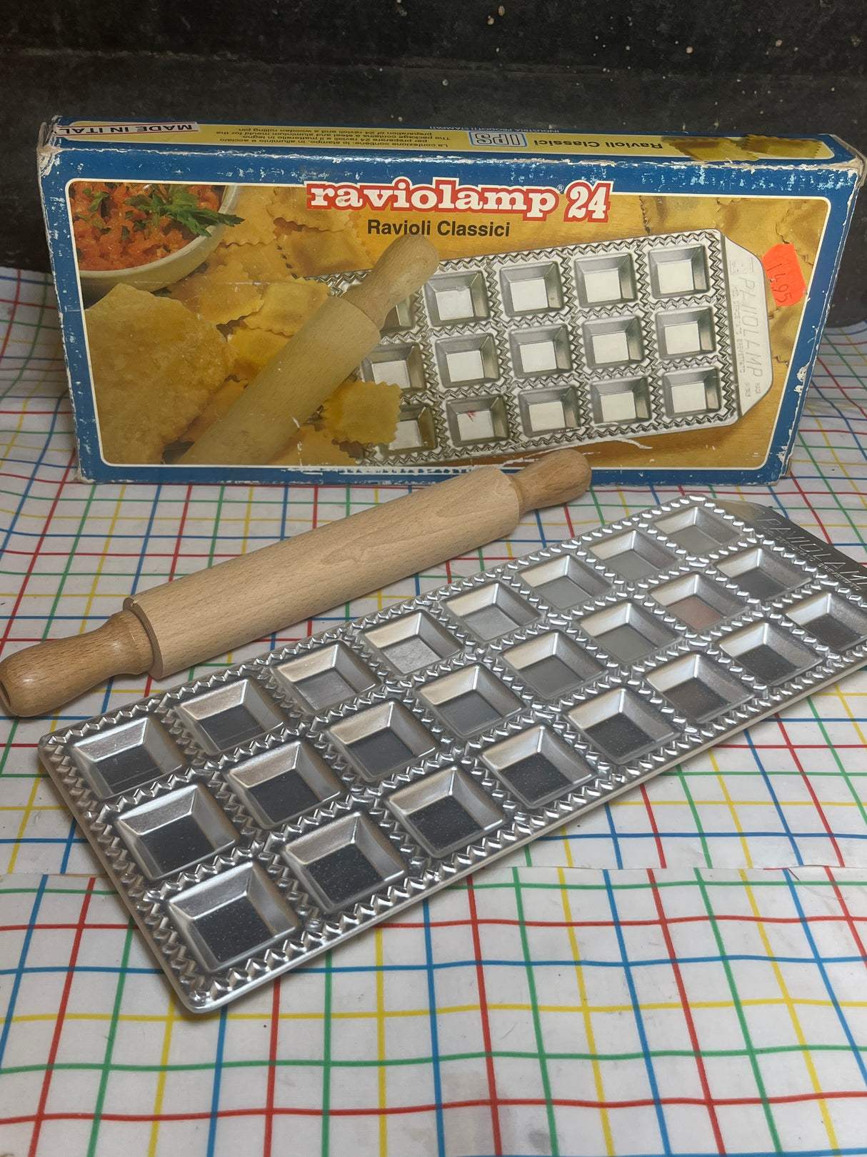 RARE Raviolamp 24 ravioli tray and rolling pin - aluminum and wood - Industria Prodotti Stampati