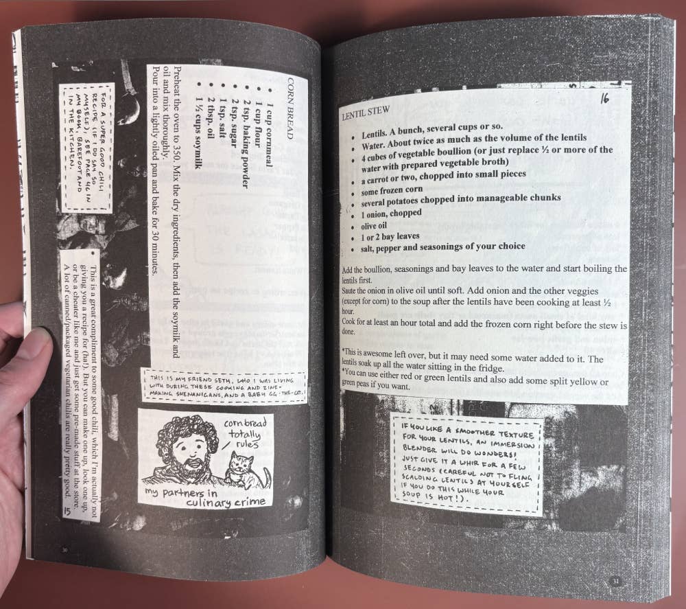 Cook Your Own Fucking Life: Vegan Comfort Food Recipes features a Cornbread and Lentil Stew recipe, with hand-drawn elements and practical cooking tips.