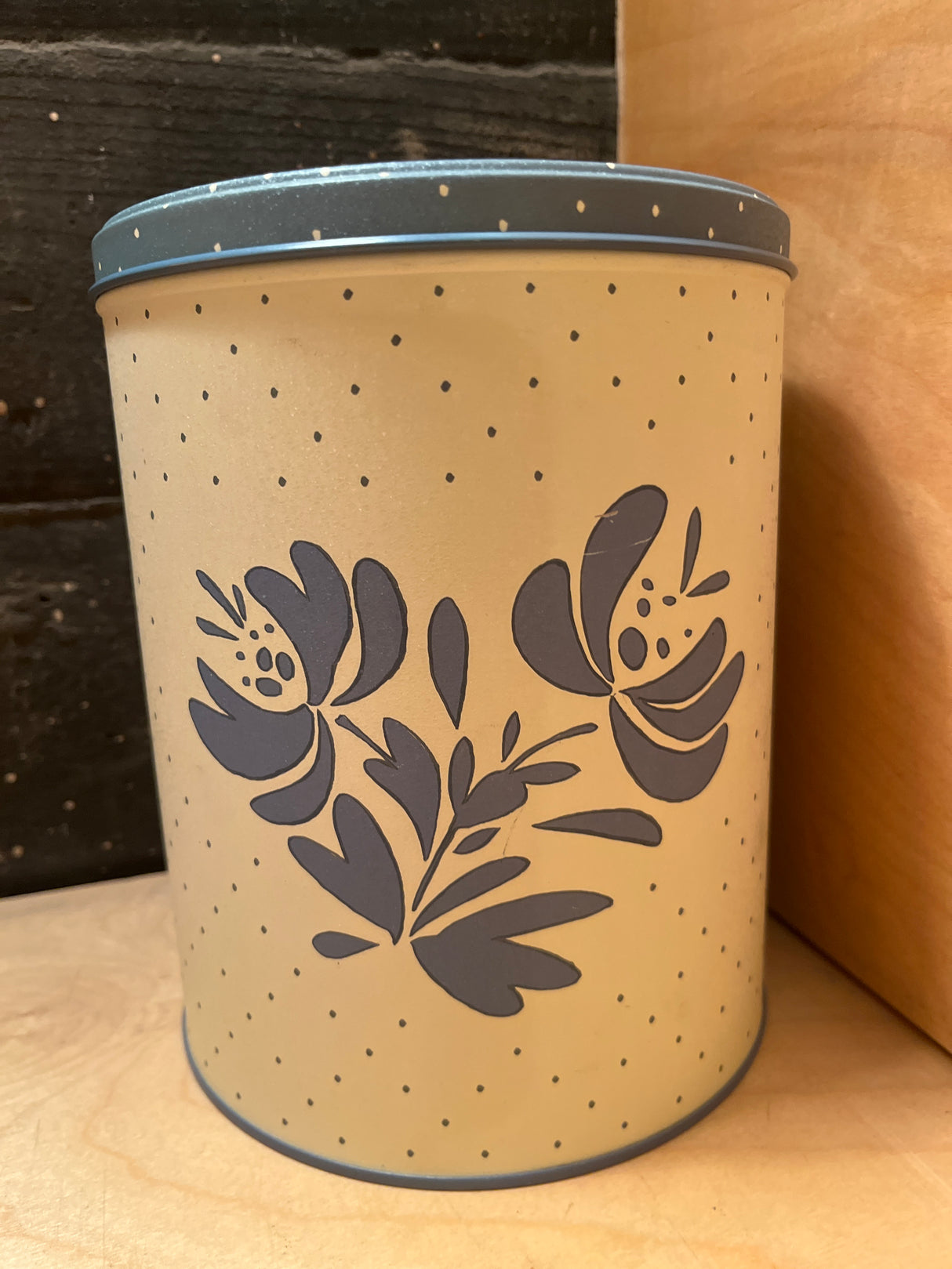 Pfaltzgraff vintage polka dot food storage tin, cylindrical with floral motifs and polka dots, airtight lid to keep cookies fresh.