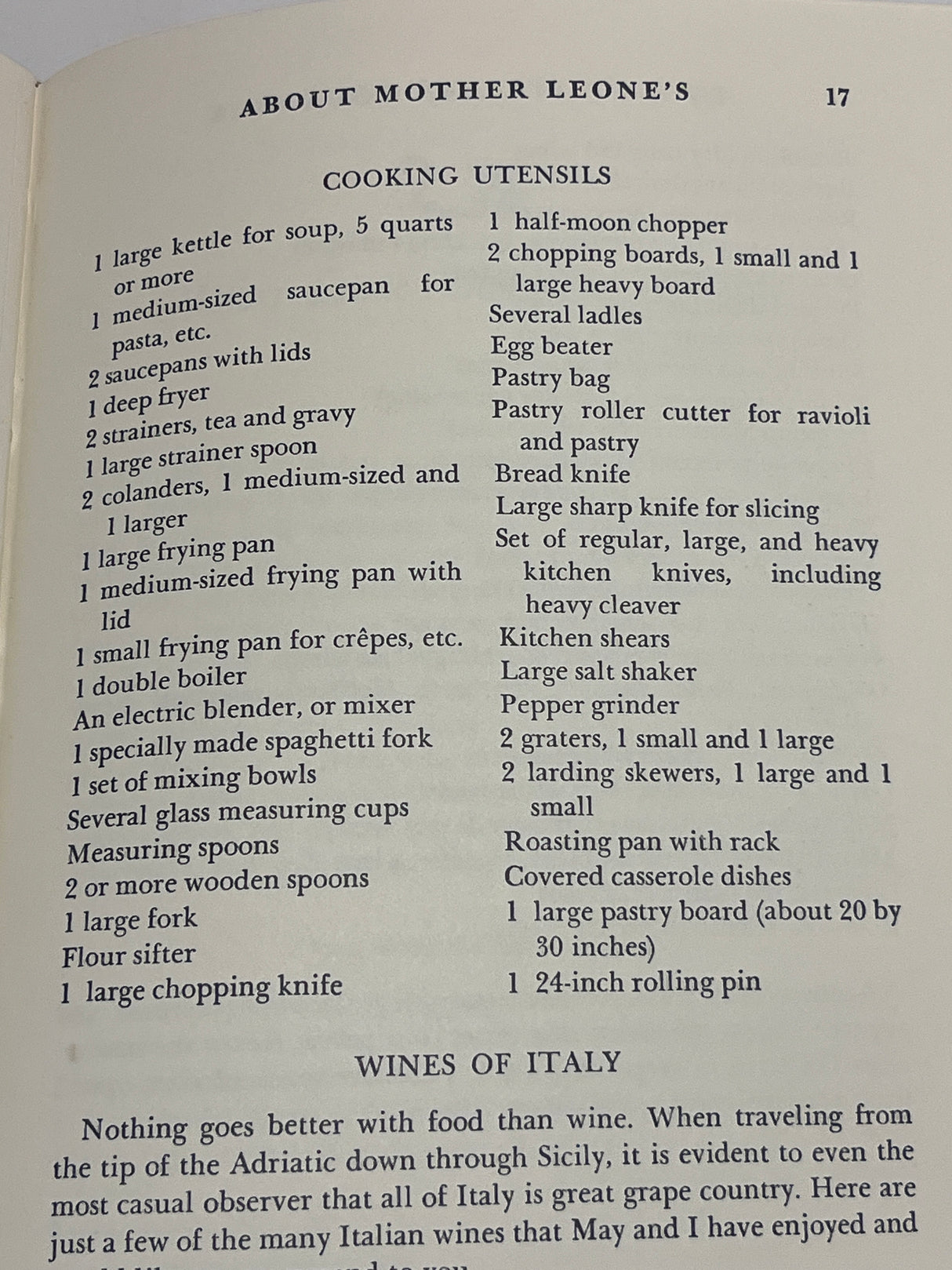 Leone’s Italian Cookbook (1967 First Edition) features a detailed kitchen-equipment list, highlighting essential utensils for authentic Italian cooking.