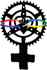 Logo depicting intersectional solidarity: a black gear ring, rainbow infinity symbol, and raised fist, representing the cookbook Cook Your Own Fucking Life: Vegan Comfort Food Recipes.