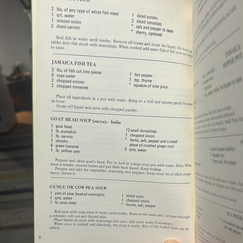 Caribbean Cooking & Menus: open to page with recipes for Jamaican fish tea, goat head soup, and cow pea soup. From Spoons Kitchen Exchange.