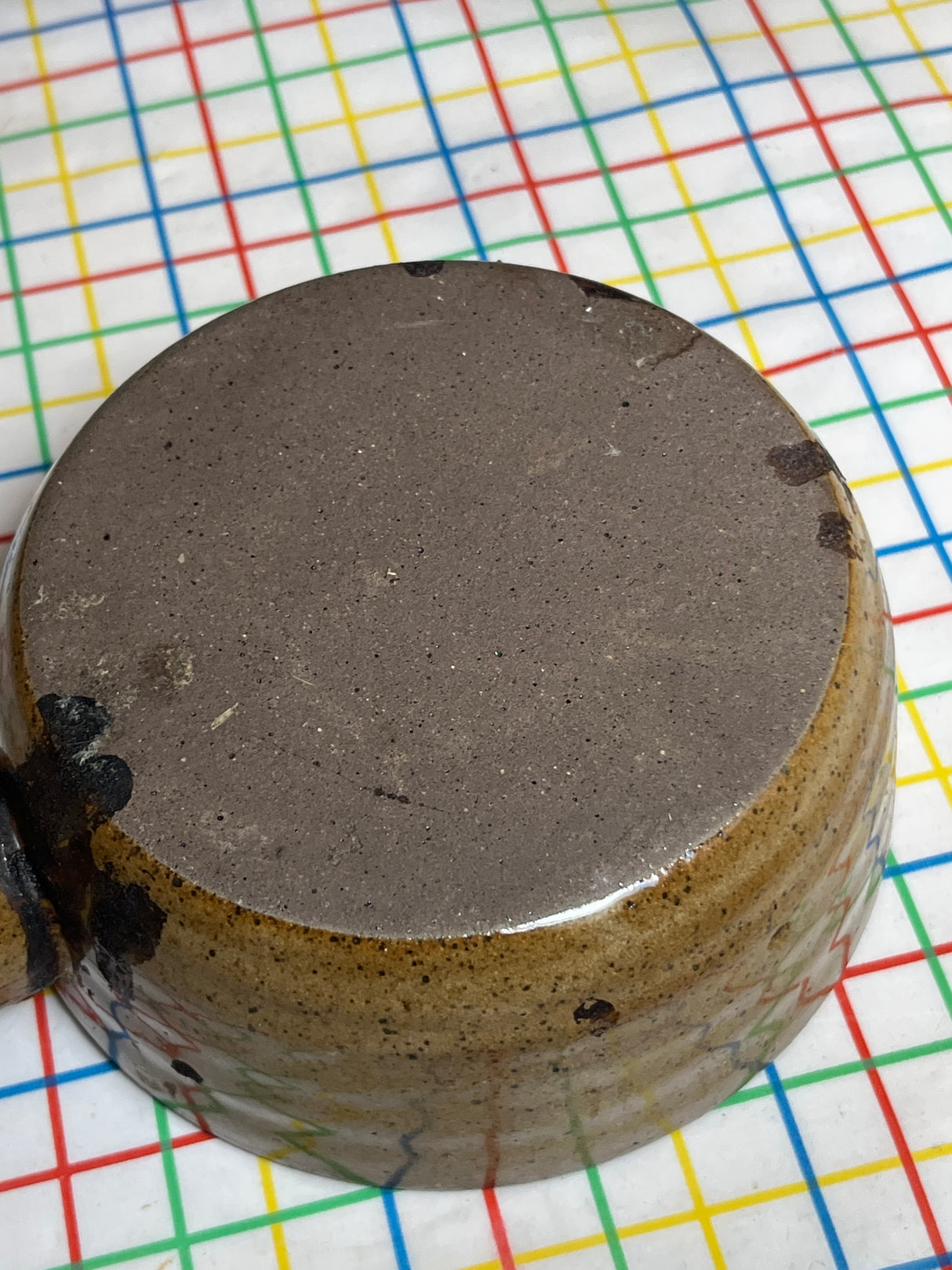 Vented soup bowl with lid and hollow handle - speckled brown stoneware ceramic - vintage