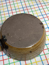 Vented soup bowl with lid and hollow handle - speckled brown stoneware ceramic - vintage