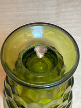 Whitehall Indiana green cubist glass vessel with a textured pattern and flared rim, viewed from above, showcasing its decorative design.