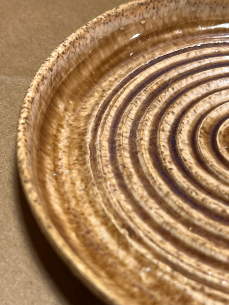 Handmade ceramic garlic grater spoon rest by Charles Lehman, featuring concentric ridges and a warm speckled glaze, displayed on a paper-covered surface.