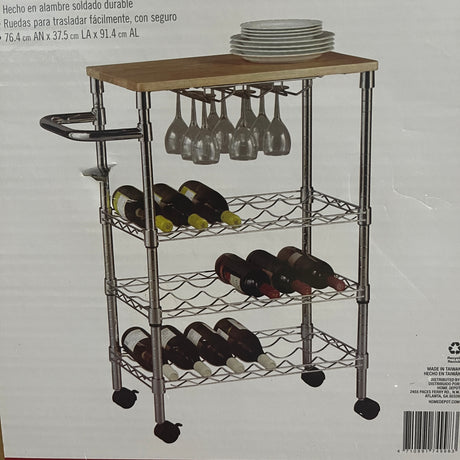 3-tier beverage cart with wine glasses, bottles, and plates on wheels. From Spoons Kitchen Exchange.