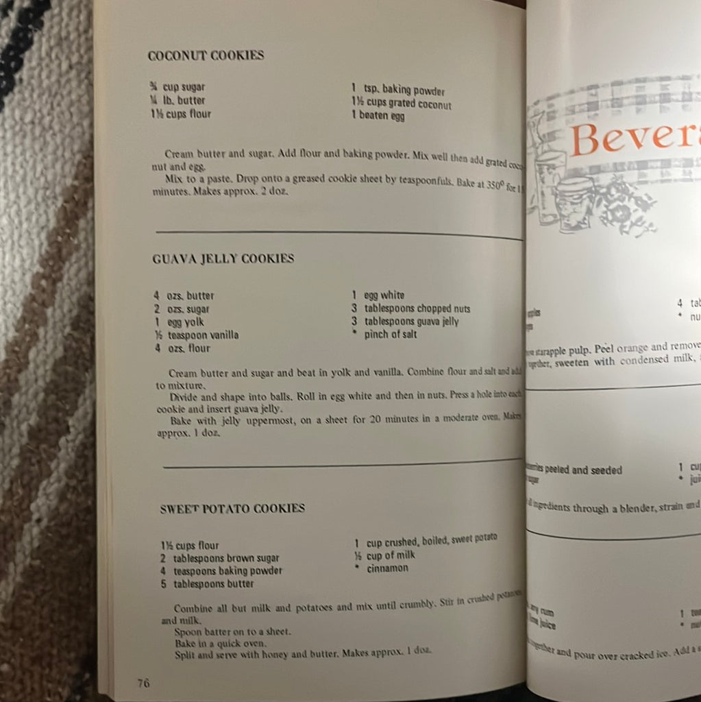 Caribbean Cooking & Menus book: recipes for coconut cookies, guava cookies, and sweet potato cookies. From Spoons Kitchen Exchange.