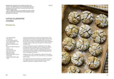 Boustany cookbook spread featuring lemon and pistachio cookies recipe; cookies shown on baking tray, highlighting Palestinian cuisine by Sami Tamimi, focusing on vegan and vegetarian dishes.