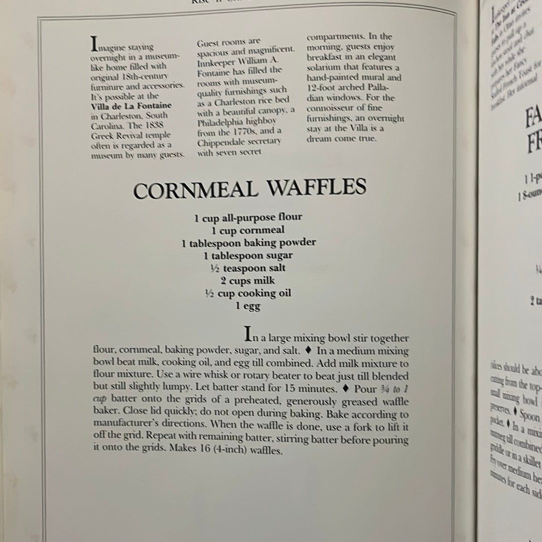 Better Homes and Gardens Recipes from Country Inns & Bed and Breakfasts book featuring a waffle recipe, showcasing text and images of delightful inn meals.