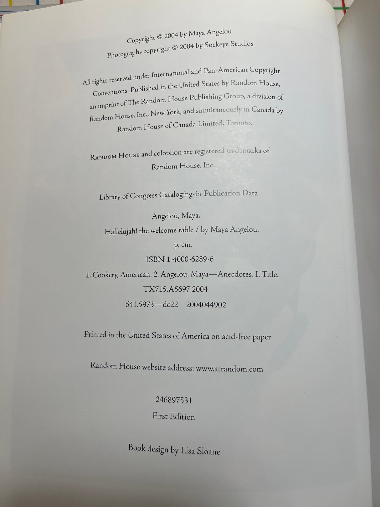 "Hallelujah! The Welcome Table: A LIfetime of Memories with Recipes" by Maya Angelou (2004 First Edition)