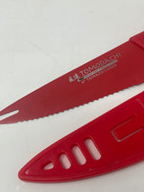 Hampton Forge Tomodachi serrated knife with a plastic case, ideal for slicing tomatoes and cheese; durable blade with minor scratches, in excellent condition.