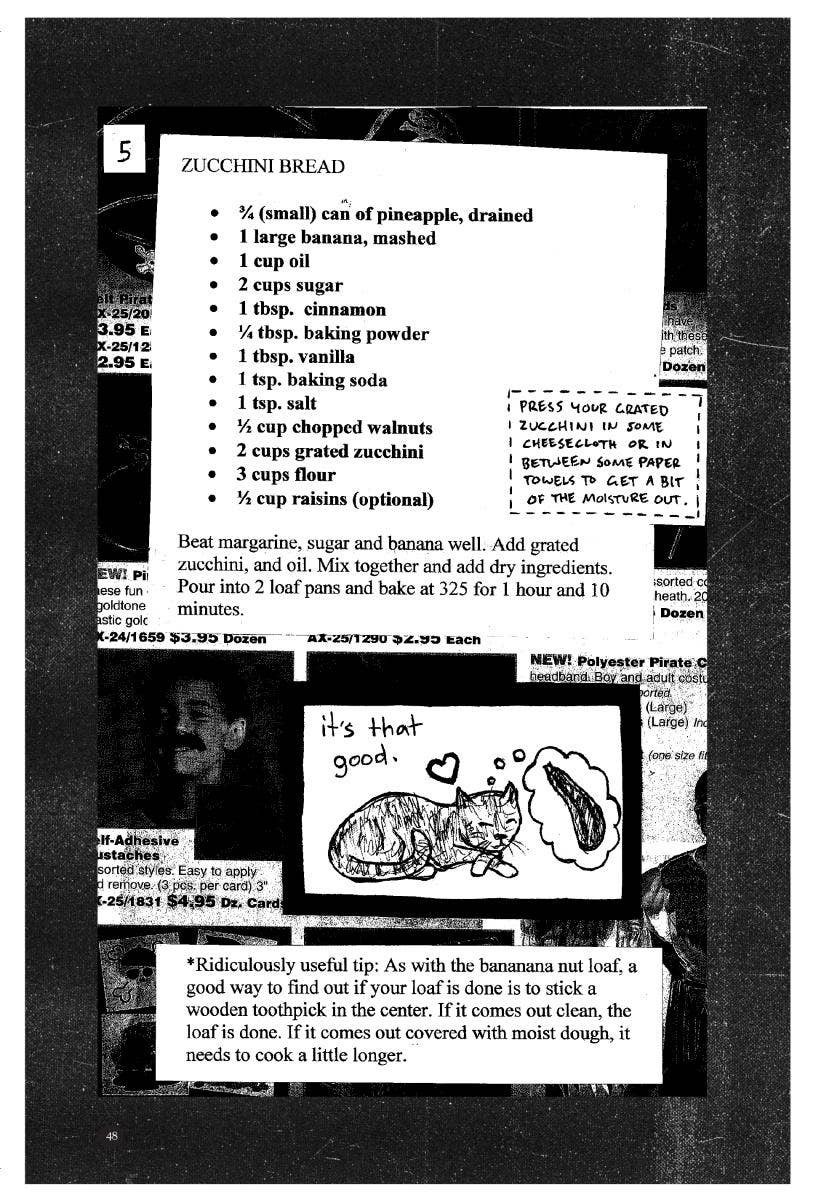 Cook Your Own Fucking Life: Vegan Comfort Food Recipes features a zucchini bread recipe page with ingredients, tips, baking instructions, and playful cat doodles.