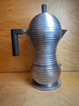 RARE Alessi Pulcina 6-cup moka pot stovetop espresso maker, featuring stacked metal discs and a unique beak-shaped spout for perfect espresso brewing.