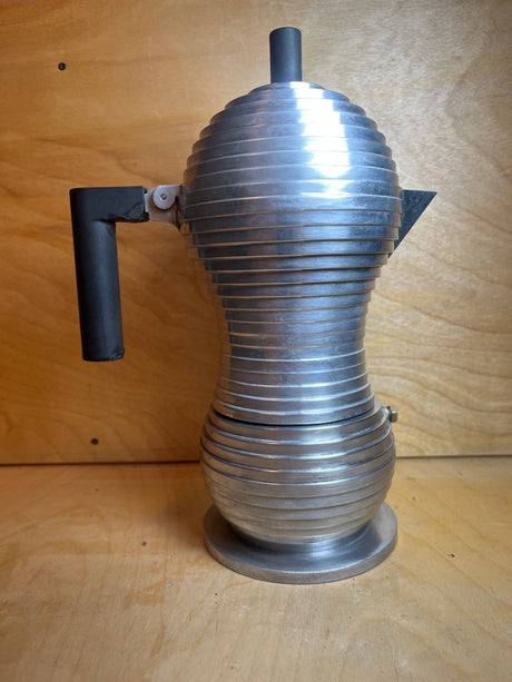 RARE Alessi Pulcina 6-cup moka pot stovetop espresso maker, featuring stacked metal discs and a unique beak-shaped spout for perfect espresso brewing.