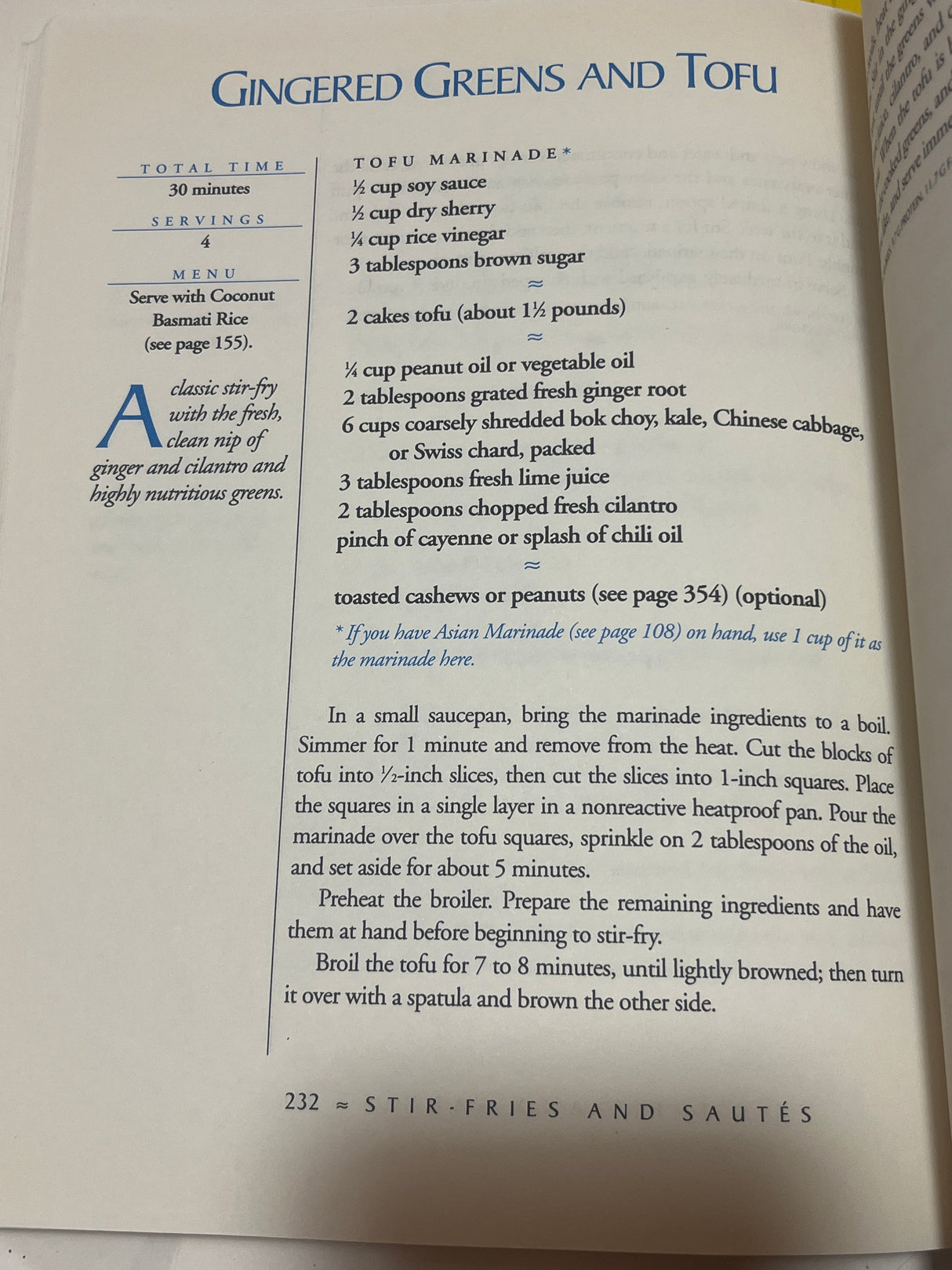 Recipe page for Gingered Greens and Tofu from Moosewood Restaurant Cooks at Home, featuring ingredients, method, and serving suggestions for a quick, nutritious stir-fry.