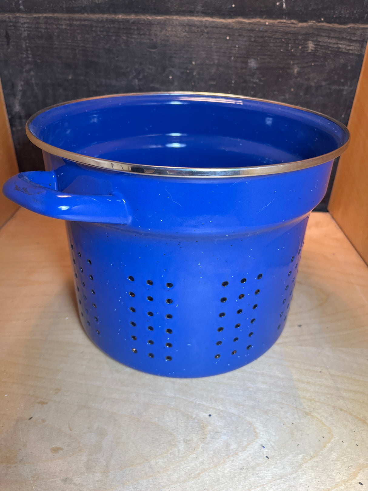 Marlboro Gear 6 quart 3-piece stock pot with strainer and lid, featuring a durable blue speckled enamelware design and visible handles for easy cooking.