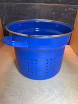 Marlboro Gear 6 quart 3-piece stock pot with strainer and lid, featuring a durable blue speckled enamelware design and visible handles for easy cooking.