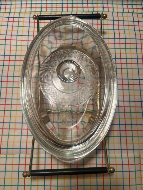 Oval casserole dish with metal stand - MCM Glasbake vintage