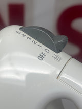 Hamilton Beach 5-speed handheld mixer, close-up of white body, with detachable parts for easy cleaning, ideal for mixing tasks.