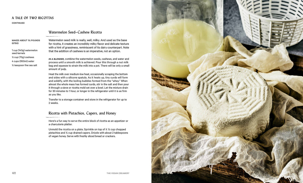 The Vegan Creamery cookbook spread, featuring vegan ricotta recipes, with a molded ricotta wheel on cheesecloth, emphasizing plant-based dairy alternatives.