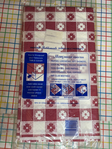 Red and white disposable table cover - paper and plastic - vintage Tablemate