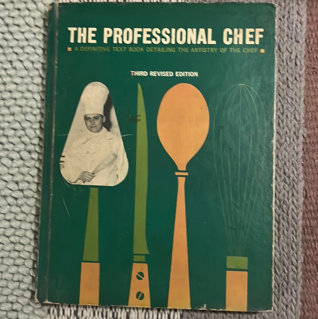 The Professional Chef textbook cover featuring a chef collaged into an illustration of cooking tools in lime green and mango yellow, set on an emerald green background. From Spoons Kitchen Exchange.