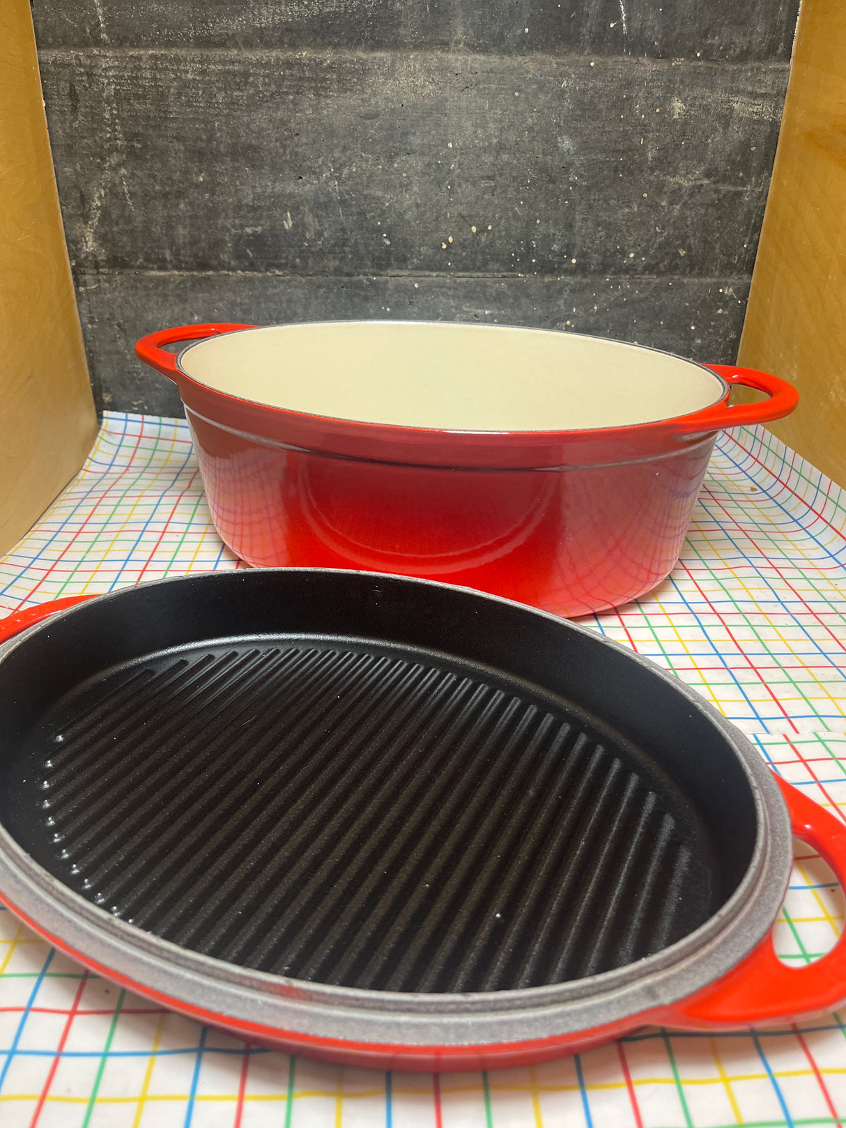 Oval Dutch Oven / Bread oven with griddle lid - red enameled cast iron - Le Creuset