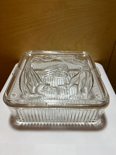 Antique Federal Glass square food container, 1940s, with lid embossed with produce illustrations and raised grooves on the bottom for grip.