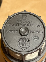 Espro filter-piston underside, showcasing the Espro logo, US patent 8,770,097 B2, BPA- and phthalate-free markings, and website, designed for their French-press style brewer.