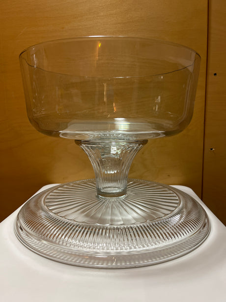 Anchor Hocking Annapolis glass 2-piece set functions as a cake stand or punch bowl, featuring durable, thick glass suitable for entertaining.
