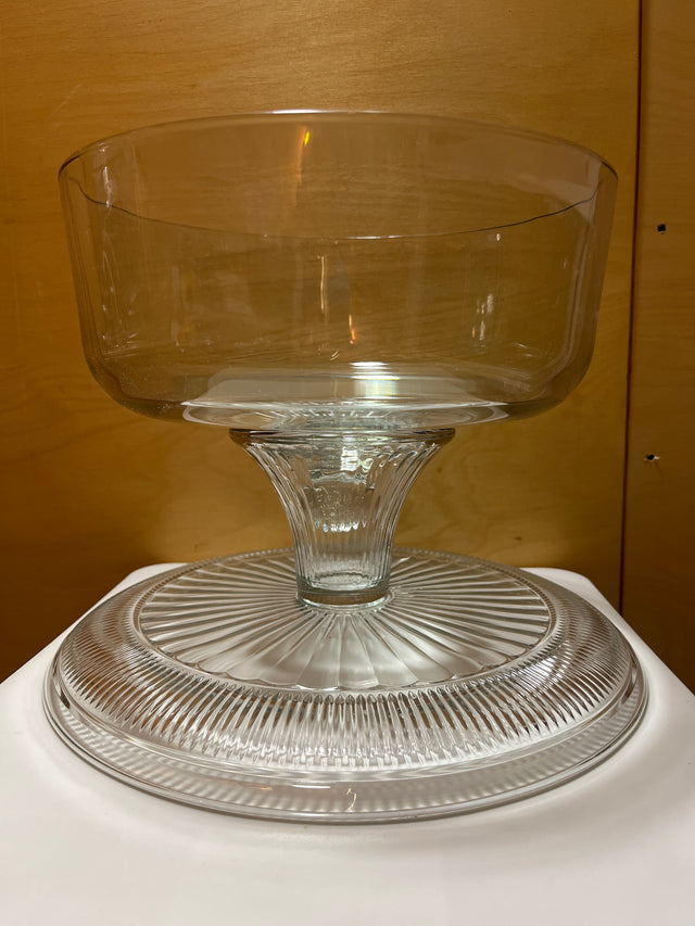 Anchor Hocking Annapolis glass 2-piece set functions as a cake stand or punch bowl, featuring durable, thick glass suitable for entertaining.