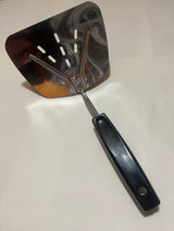 Foley Stainless Steel Wide Slotted Turner Lifter MPLS Curved Spatula with a sturdy, angled stainless-steel head and black plastic handle, ideal for flipping and lifting foods.