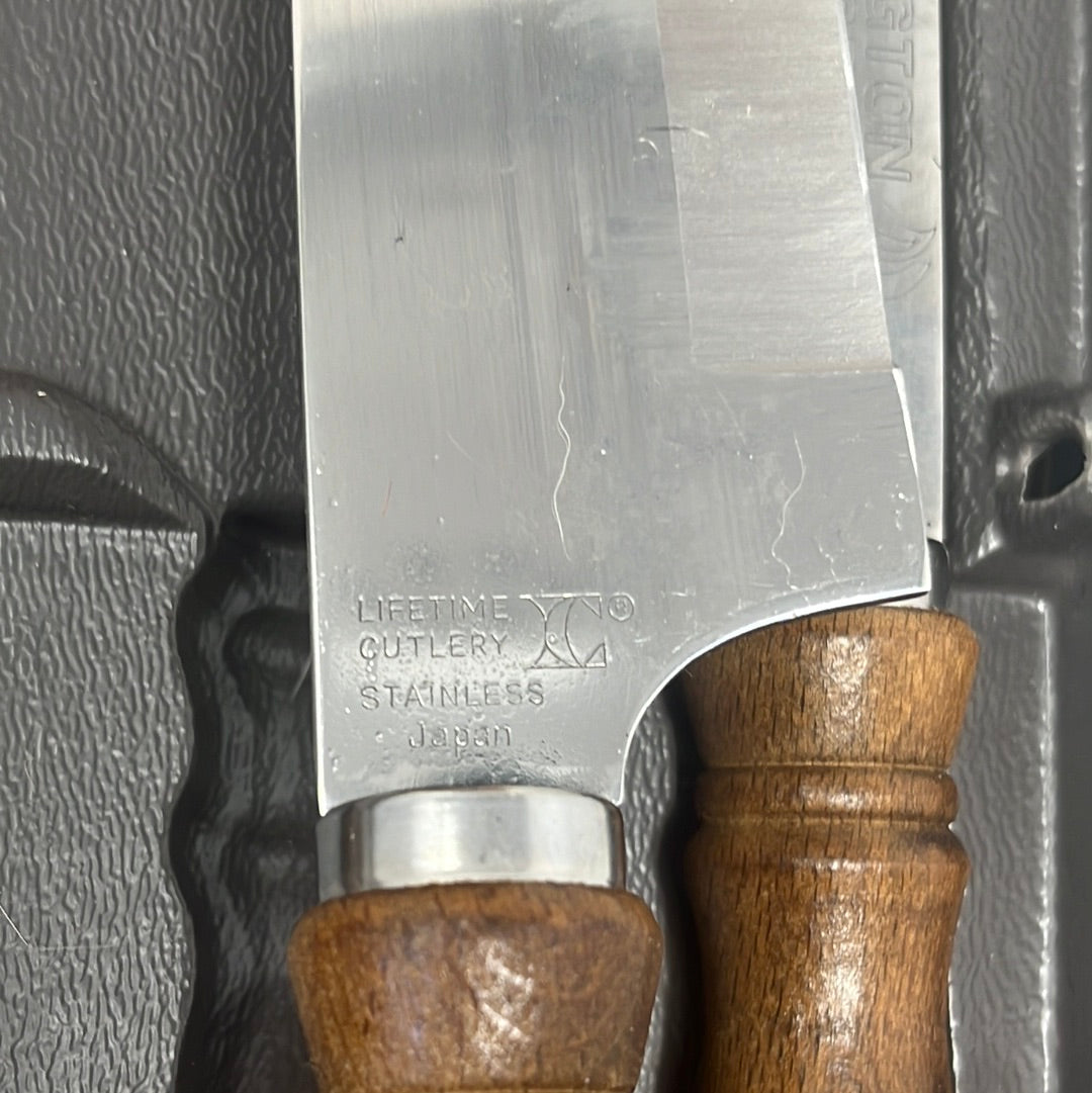 A sharp Bennington Forge 6-piece knife set with wooden handles. Resharpened utility, chef's, and serrated knives in original packaging for versatile cooking needs.